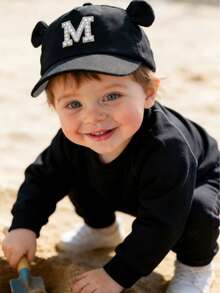 1PC Baby Cute 26 Letter Baseball Cap Toddler Cute Ear Craft Letter Design Style Baby Boys Kpop Snapback Cap Girls Boys Sun Hats 1-3Y - Black - View 4