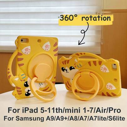 Funda protectora con soporte giratorio de 360° y ranura para lápiz compatible con iPad 10th/11th A16/56789th/Mini/Air/Pro, de silicona con diseño lindo de gato, resistente a golpes y duradera, adecuada para tabletas Apple de 7.9", 8.3", 9.7", 10.2", 10.5", 10.9"
