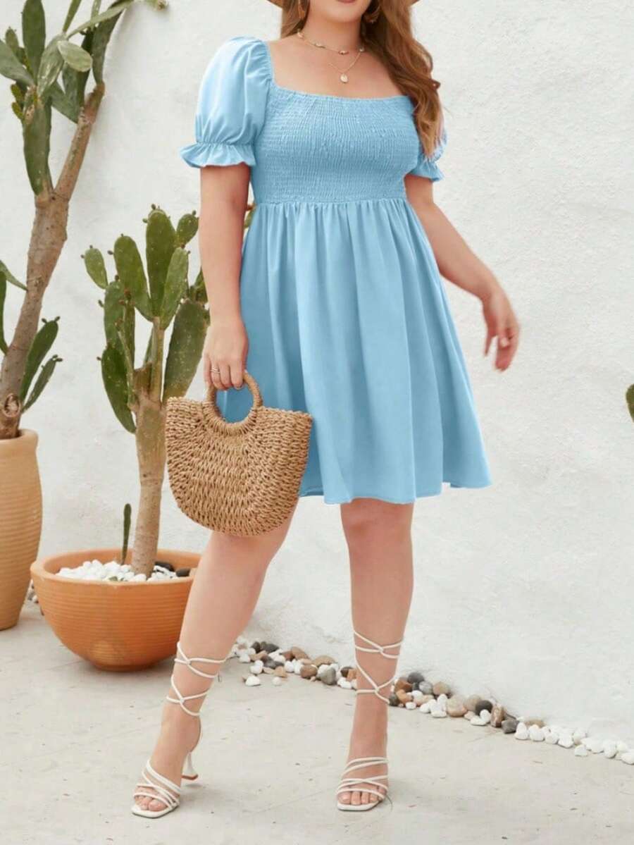Women's Plus Size Solid Color Casual Vacation Dress Travel Square Neck Puff Sleeve Dress - 藍色 - 查看 1