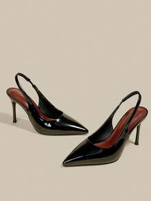 Women's Black Patent Leather Pointed Toe Kitten Heel Pumps, Elegant Formal Dress Shoes With Buckle, Elastic Back Strap, Fashion Party Heels