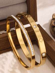 Luxury Sparkling Four-Leaf Clover Zirconia Stainless Steel Women Bracelet, Suitable For Multiple Occasions - Yellow Gold - View 6