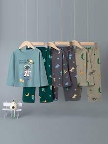 6件套男童卡通宇航员和恐龙印花长袖睡衣套装，轻薄家居服，春夏秋季 - 彩色 - 查看 1