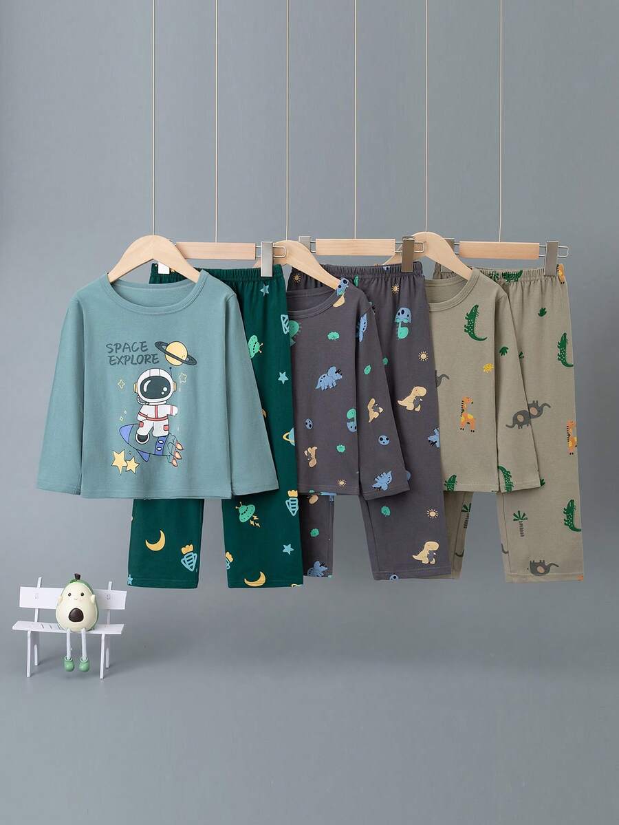 6件套男童卡通宇航员和恐龙印花长袖睡衣套装，轻薄家居服，春夏秋季 - 彩色 - 查看 1