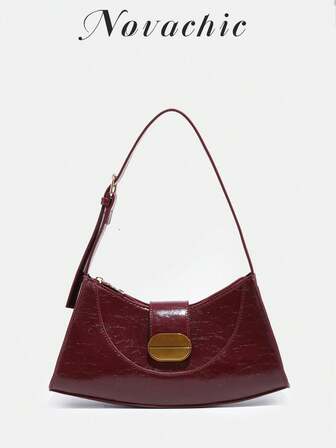 Novachic, Minimalist Design, Vintage Burgundy Buckle Decor, Women's Casual Zipper Crescent Shoulder Bag, Underarm Bag. Women's High-End Commuter Style, Adjustable Shoulder Strap Crossbody Bag.