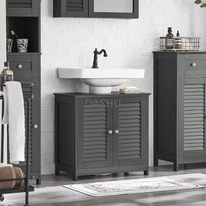 Mueble para Debajo del Lavabo Gris, Armario de Baño de Suelo con Estantes y Puertas, Compatible con Drenaje del Suelo