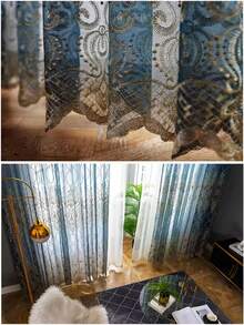 1pc European Style Embroidered Sheer Curtain, Suitable For Living Room, Balcony, Bedroom - Blue - View 7