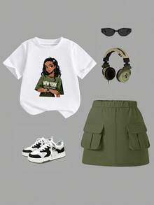 女童卡通印花圆领短袖上衣和裙子套装 - 白色 - 查看 2