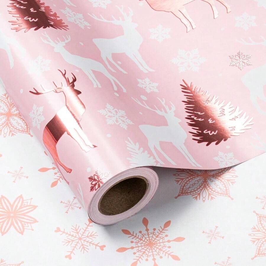 LeZakaa - Mini rollo de papel de regalo de Navidad rosa reno y copo de nieve lámina metálica diseño reversible de lámina de oro rosa para día festivo festivas de invierno reuniones familiares 17 - rboldeNavidadycopodenieve - Ver 1