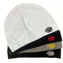 1pc Solid Color Casual Nylon Knit Printed Beanie Hat, Outdoor Sports Windproof Warm Streetwear, Autumn/Winter - 兒子 - 查看 1