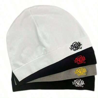1pc Solid Color Casual Nylon Knit Printed Beanie Hat, Outdoor Sports Windproof Warm Streetwear, Autumn/Winter