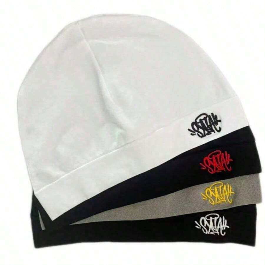 1pc Solid Color Casual Nylon Knit Printed Beanie Hat, Outdoor Sports Windproof Warm Streetwear, Autumn/Winter - 兒子 - 查看 1