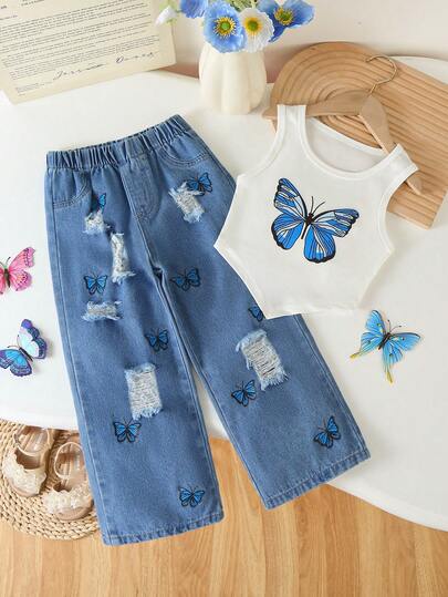 2pcs/Set Young Girls' Outdoor Casual Cute Sunshine Sweet Minimalist Butterfly Print White Ribbed Sleeveless Top And Fashion Distressed Straight Wide Leg Denim Pants Set