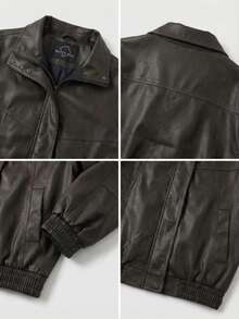 OUTTA BOX 超大拉链口袋长袖翻领PU纯色女士休闲外套，时尚优雅的爸爸风，适合居家、聚会、日常穿着，春、秋、冬、情人节皆宜。 - 摩卡棕 - 查看 7