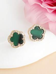1 Pair Minimalist Sweet Cute Clover & Rhinestone Flower Stud Earrings, Suitable For Girls Daily Wear - one-size - View 7
