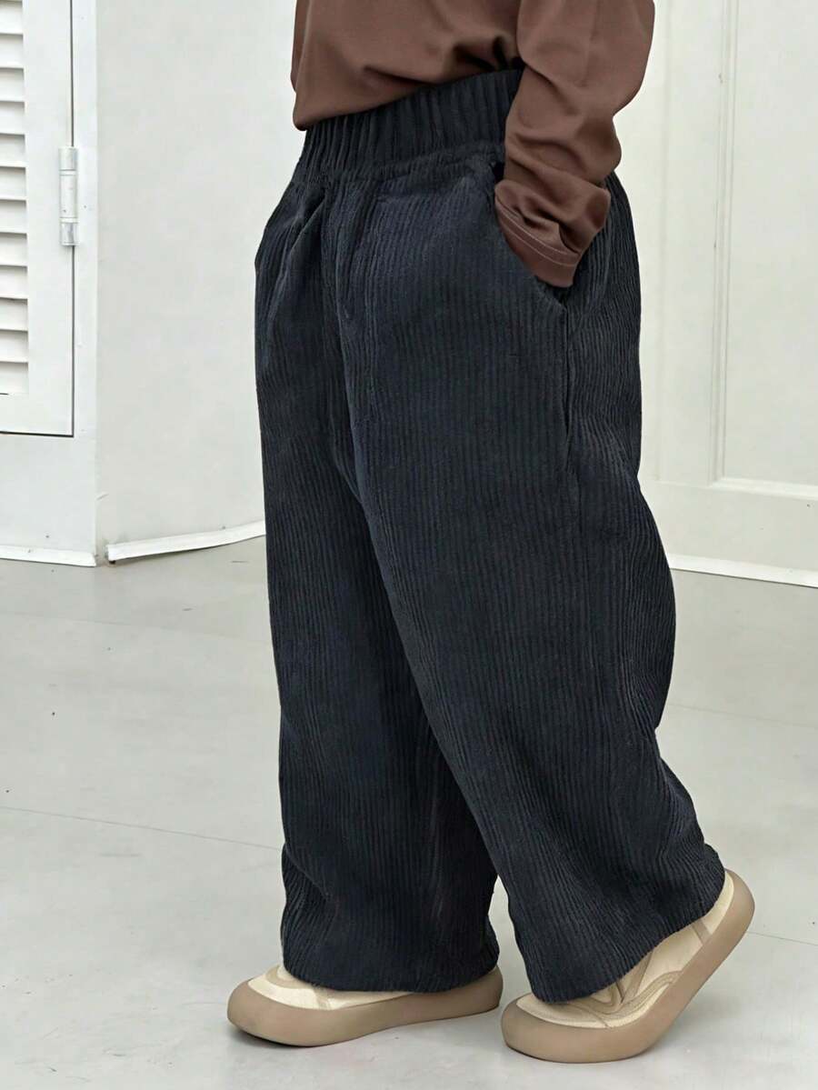1pc Boys' Simple Solid Color Casual Soft & Comfortable Straight Leg Corduroy Pants, Suitable For Spring, Autumn & Winter - Black - View 1