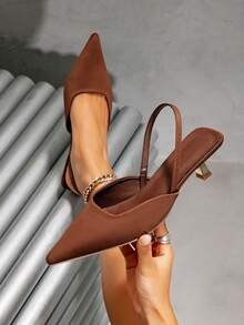 Elegant Satin Women's Pointed Toe Slip-On High Heels, Minimalist Chic Nude Strap High Heels - Brown - View 1