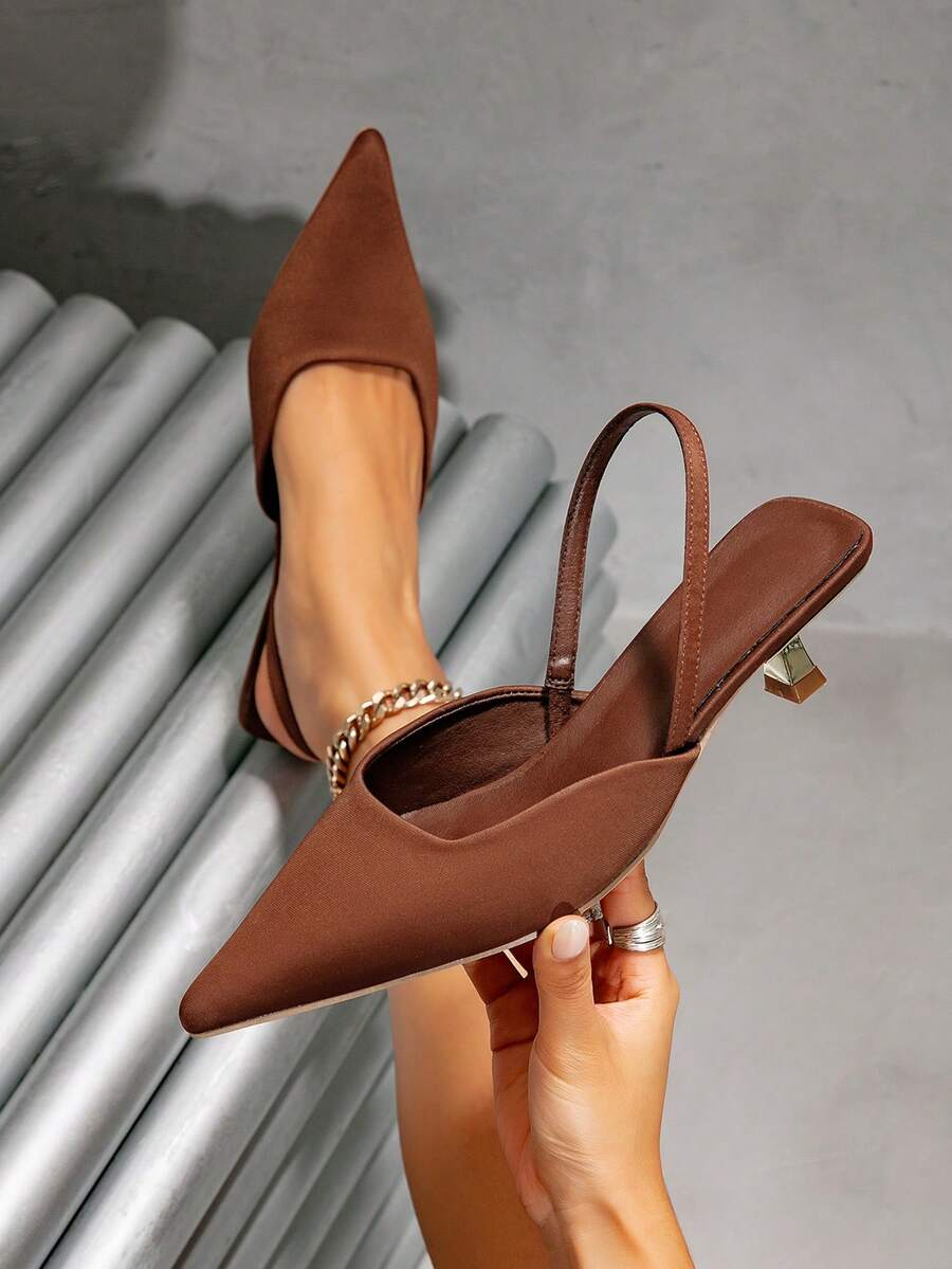 Elegant Satin Women's Pointed Toe Slip-On High Heels, Minimalist Chic Nude Strap High Heels - Brown - View 1