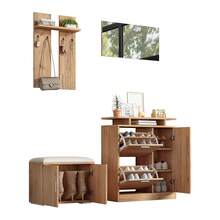 Wall-Mounted Entryway Wardrobe Set; Comprising A Shoe Bench, A Shoe Cabinet, A Mirror, 4 Hooks, 5 Doors, Natural Color, W 140 * D 35 * H 133 Cm - Natural Wood Color + Particleboard - View 8