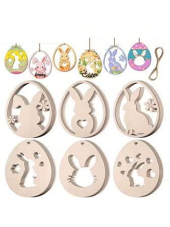 12pcs/Set Wooden Easter Eggs & Rabbits, Hollow Design, DIY Coloring And Decorating (2 Of Each Style, With Jute Rope), DIY Decorations, Suitable For Birthday, Holiday, Party, Wedding, Home Decor, Holiday Birthday Theme Party Crafts, Easter, Valentine's Day, Wedding, Holiday Decorations, Farmhouse Garden Decor, Family Gathering, Company Events, Team Building Games And Party Favors.