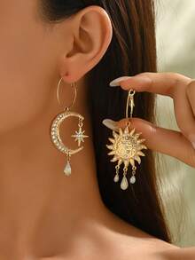1 Pair Vintage Boho Sun Moon Star Tassel Crystal Dangle Earrings For Women, Suitable For Eid Celebration, New Year Party, Valentine's Day, Daily Wear