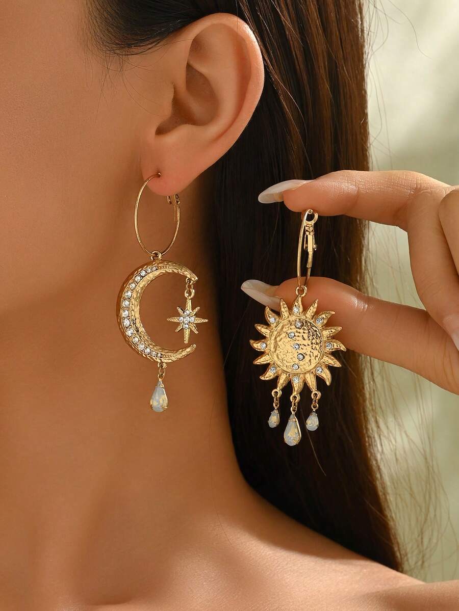 1 Pair Vintage Boho Sun Moon Star Tassel Crystal Dangle Earrings For Women, Suitable For Eid Celebration, New Year Party, Valentine's Day, Daily Wear
