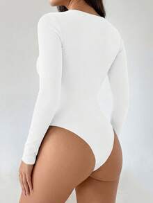 Bodys de mujer de manga larga, ajustados y acanalados, esenciales de estilo para el otoño y el invierno - Blanco - Ver 5