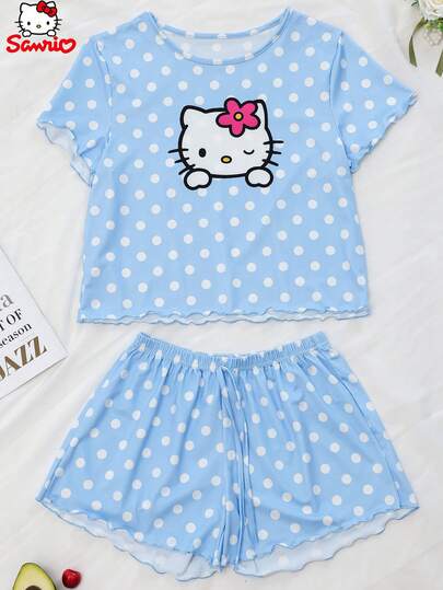 SANRIO Cute Cartoon Print Pajama Set, Women's Casual Loungewear Set, Comfortable Home Sleepwear, Short 2-Piece Set, Cartoon Character Pattern, Fashionable Party Gift, Best Gift For Friends, Girlfriends, Couples, Graduation, Back To School, Holiday