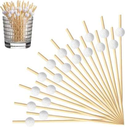 FYSHINE 100Pcs Golf Cocktail Picks 4.72 Inch Golf Themed Fruit Toothpicks Sandwich Skewer Picks Decorative Toothpicks For Appetizers Cocktail Garnish Sports Party Supplies (Golf Ball)