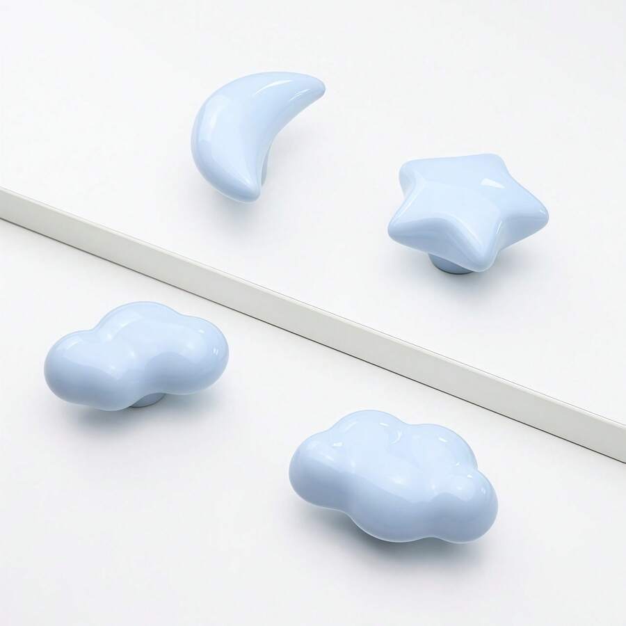 可爱儿童衣柜柜把手 - 星星、云朵、月亮陶瓷家具旋钮，卡通衣柜拉手，抽屉门把手 - 彩色 - 查看 1
