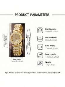 6pcs Set Elegant Crystal Wrist Watch, Stainless Steel Fashion Minimalist Luxury Full Crystal Quartz Watch, Eid Gift - Gold - View 5