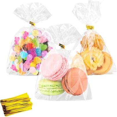 100pcs Transparent Glass Paper Food Bags, Transparent Glass Paper Gift Bags, Plastic Gift Bags With Twist Ties, Suitable For Party Favors, Cookies, Candies, Popcorn, Baked Chocolate Gift Packaging