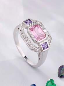 1pc Vintage Geometric Design Wide Band Ring, Inlaid Sparkling Square Cubic Zirconia Jewelry Ring, Elegant Accessory For Women, Fashionable Everyday Wear - K74 - View 7