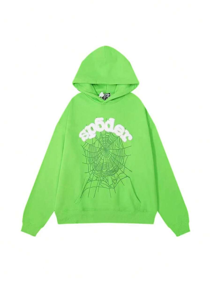 1 Piece Set  Spider Web Hooded Sweatshirt  Fall/Winter    Regular Fit    Rib-Knit  Pocket  Drawstring    Halloween  Christmas    Spider Y2k Hoodies  Graffiti Hip Hop Rock Style - 綠色 - 查看 1