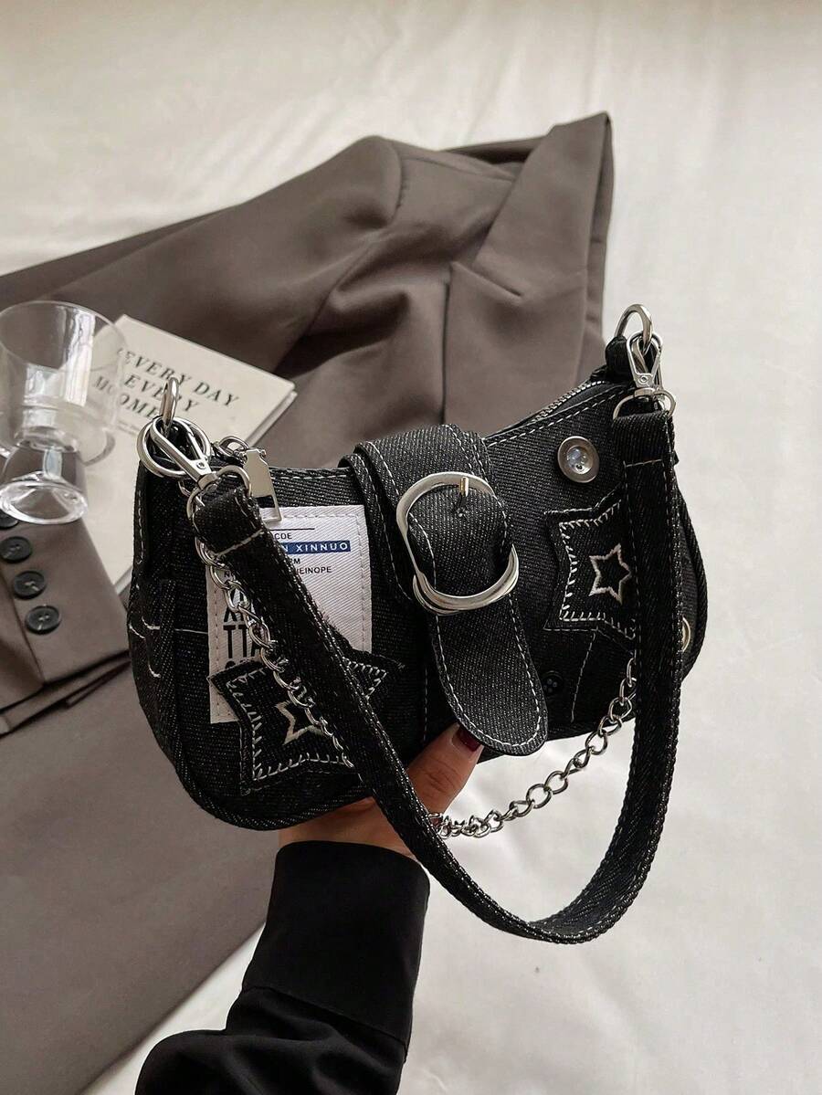 Y2K Style Retro Shoulder Bag For Women, Color Block Crossbody Star Chain Purse Small Bag For Girls, Ladies, Students, Young Professionals, Office Workers, Commuters, School Outings, Stars Hollow Women Bag, 2000s Fashion Style Bag For Women, Halloween/Christmas/New Year Purse Perfect For Fancy Party Halloween//Christmas/New Year Fashion & Gothic Fashion, Best Halloween/Christmas/New Year Gifts For Women - màu đen - Xem 1