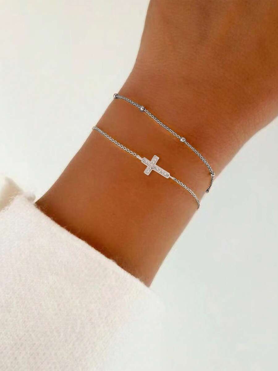 2pcs Cross Pendant Layered Bracelet Set, Classic Daily Wear Cross Beaded Double Layer Bracelet (Bead Quantity Random) - Silver - View 1