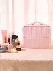 分格竖款化妆包 - 大容量旅行化妆品收纳包，多功能隔层设计，耐用面料和网状口袋，便携式桌面护肤品和化妆工具收纳盒，女士礼物，圣诞礼物，送给她的绝佳礼物，化妆间装饰 - 彩色 - 查看 6