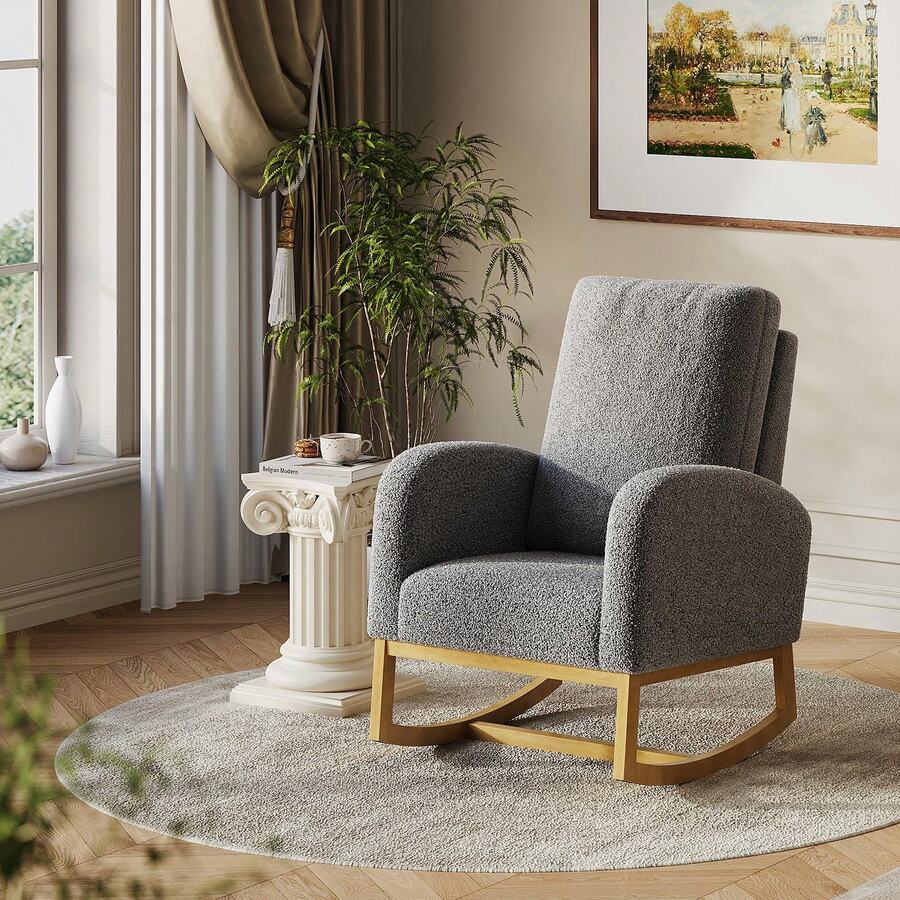 Techigher Nursery Rocking Chair, Upholstered Glider Rocking Accent Chair With Wood Legs & Side Pockets, Armchair Comfy Side Chair For Living Room Bedroom Offices - 深灰色 - 查看 1