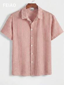 FEIAO 男士复古硬币纹理条纹短袖衬衫，休闲百搭风格，适合所有季节 - 紅木色 - 查看 3