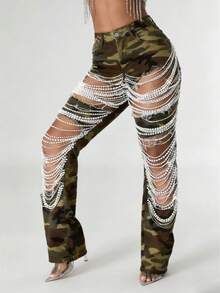 GLOURI Women's Camo High-Waisted Pants - Pearl Chain Accent & Ripped Detail | Edgy Dazzling Style For Music Festivals, Night Out Gatherings & Fashion Events (Slim-Fitting Silhouette & Eye-Catching Chain Detail) For Bold Stylish Looks - 迷彩 - 查看 5