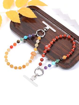 1 szt. 7 kryształów czakry w kształcie grzyba, łańcuszek do telefonu z naturalnego kamienia, smycz ze stali nierdzewnej, zapobiegająca zgubieniu, H824