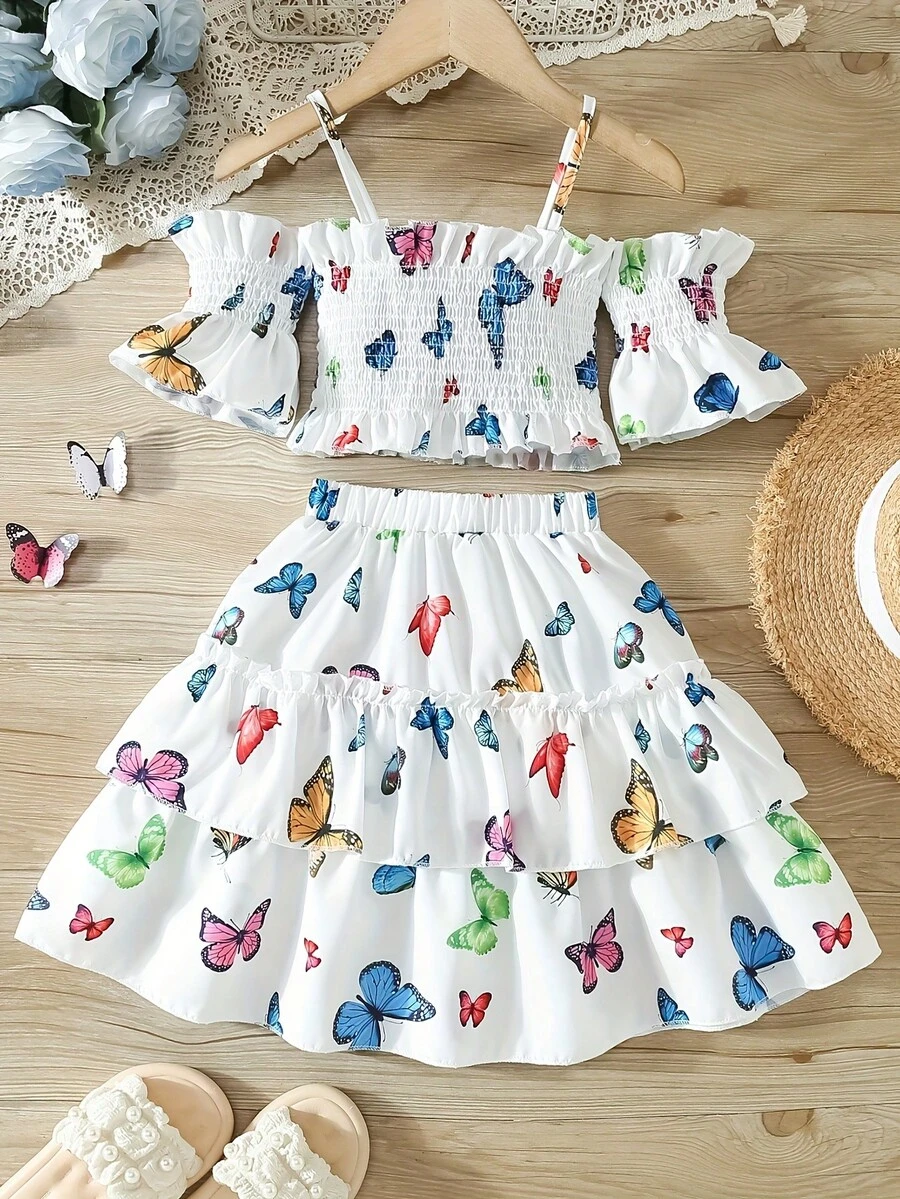 2pcs/Set Girls' Summer Sling Printed Skirt Outfit, Casual Party Wear, Suitable For 4-8 Years Old - Multicolor - View 1