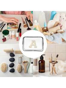 Bolsa de almacenamiento portátil de PVC transparente con toalla bordada con perlas blancas con letras de la A a la Z, organizador de maquillaje de gran capacidad, impermeable, con cremallera, bolsa de maquillaje, bolsa de cosméticos, organizador de vacaciones, bolsa de belleza, bolsa de tocador, regalo para dama de honor, recuerdo, regalo de cumpleaños para familiares y amigos, Día de San Valentín, temporada de bodas, Ramadán