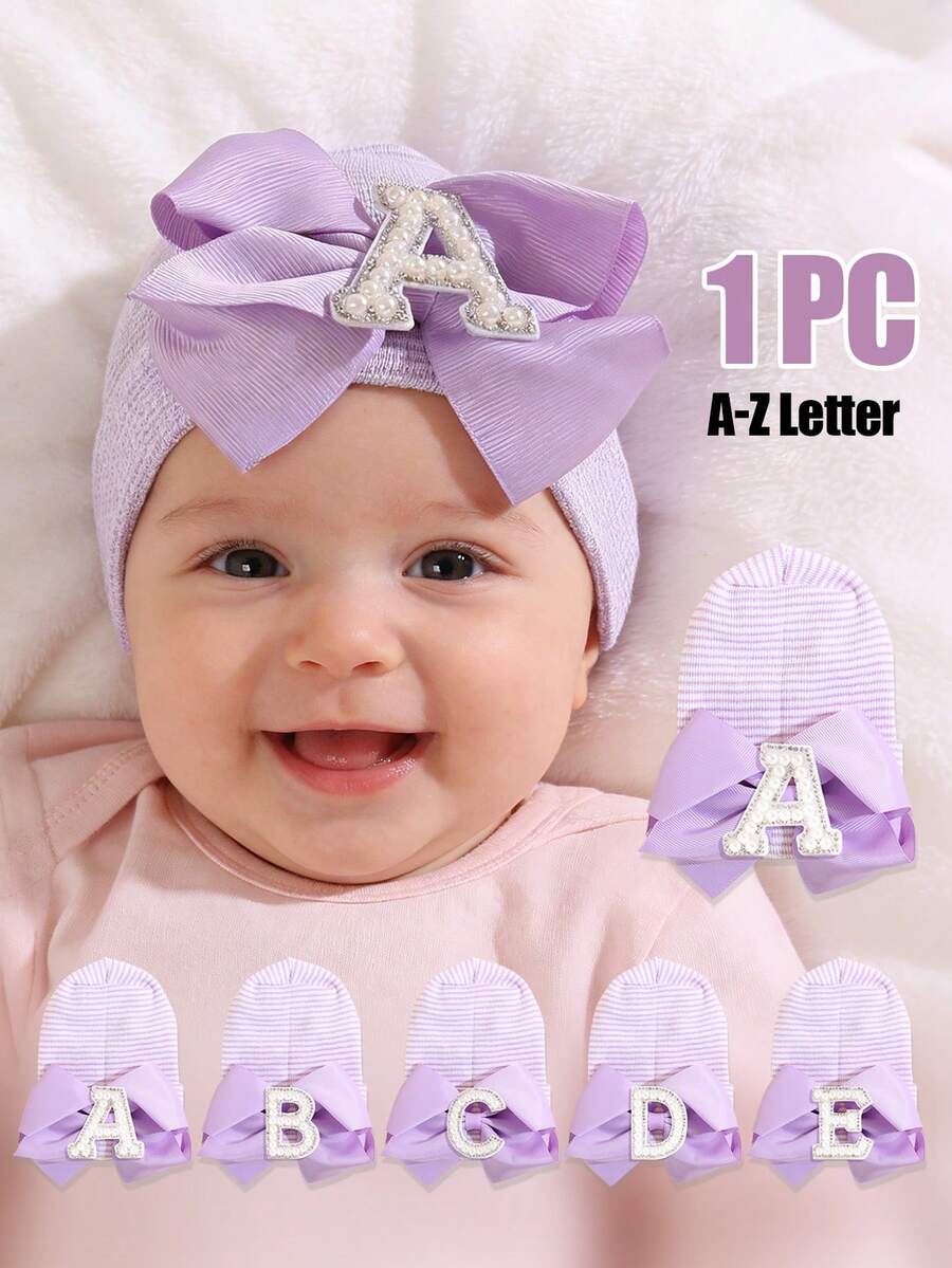 1顶新生儿毛线帽,带珍珠字母和大蝴蝶结,柔软弹力条纹针织帽,适合日常佩戴、拍照和作为婴儿礼物 - 淺紫色 - 查看 1