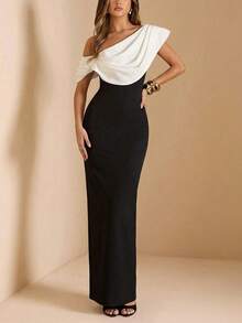 Women's Contrast Color Asymmetric/Asymmetrical Slit Zipper Formal Evening Gown - Black - View 3