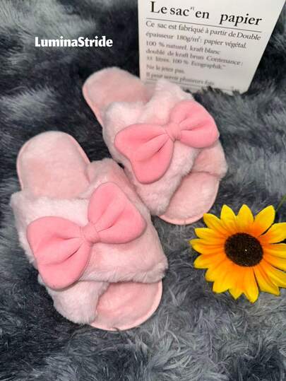 Pale Pink Puffy Bow Cross Strap Fuzzy Slippers Women's Cozy Plush Flat Slides Home Outdoor,Cute Fluffy Slippers For Women,Soft Bow Plush Slides,Non-Slip Flat Slippers,Chunky Bow Fuzzy Sandals,Daily Wear Slippers,Comfy House Shoes