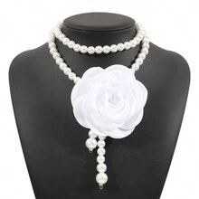 Novo Colar Gargantilha Vintage Estilo Chique Campestre Francês Doce Barroco Rosa Flor, Elegante Corrente de Pérolas - Branco - Visão 3