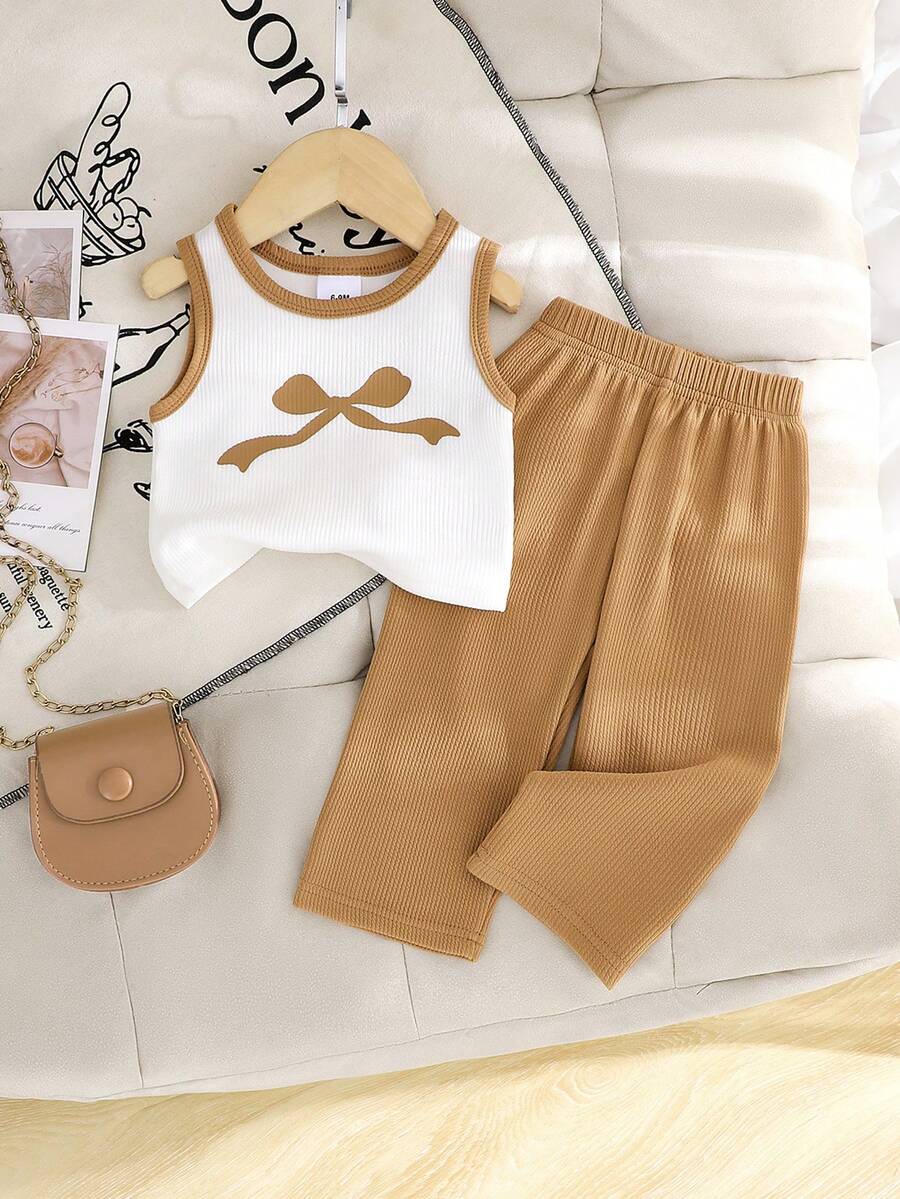 2件套女婴休闲运动风露脐背心+裤子套装，夏季简约风