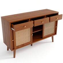 Sideboard, Chest Of Drawers With 3 Drawers And 3 Sliding Doors, Rattan Weave On The Door Fronts, Solid Wood Legs, Gold Metal Bar Handle, Adjustable Shelves, Walnut Color, 120 X 40 X 78 Cm - 自然色 - 查看 8