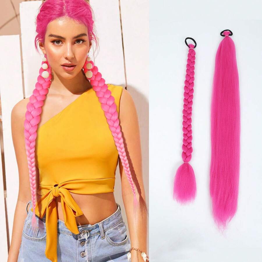 26 Inch Ponytail Hair Extensions With Elastic Band, Straight Smooth Wrapped Braid Extensions, Natural Soft Synthetic Hair, Sexy Ombre Color, Halloween - Multicolor - View 1