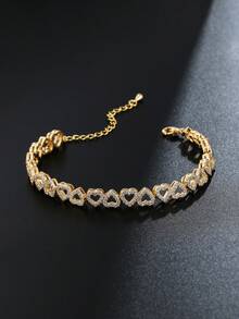1pc Elegant Luxurious Gold-Plated Hollow Heart Tennis Bracelet, Sparkling Cubic Zirconia Micro-Inlaid Chain Link Bracelet, Hypoallergenic Adjustable Women & Girls Jewelry, Great Gift For Valentine's Day, Christmas, Wedding And Party - Heart to Heart - View 4